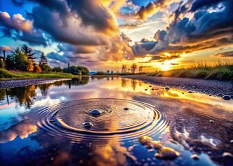 Serene Rain Puddle Reflection: Moody Sky, Soft Light, Ripples