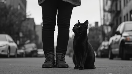 Obraz premium Black cat sits beside a person's legs on a city street.