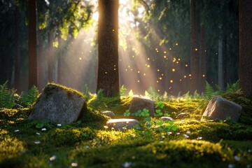 Obraz premium Sunlit forest clearing with mossy rocks and floating fireflies