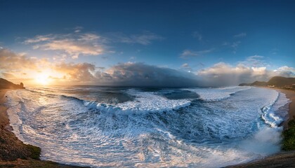 awesome panoramic 180 degrees of rough sea at sunset on blue hour at beach a dramatic sky with amazing light and cloudscape and sun reflections with on water edge crashing with foam