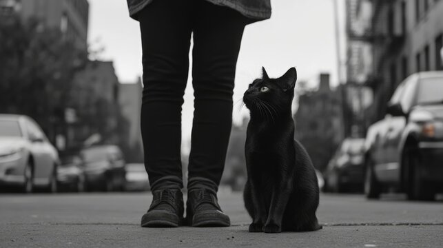 Black cat sits beside a person's legs on a city street.