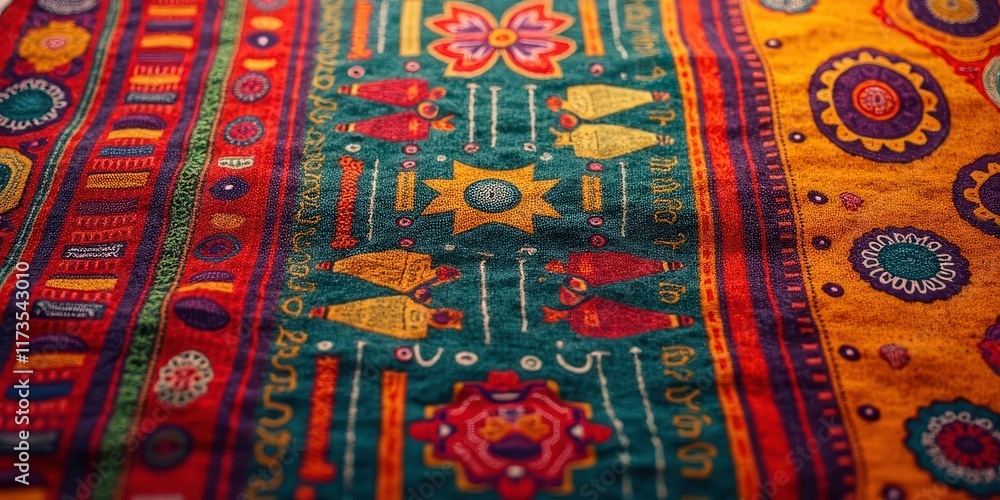 Poster vibrant ethnic textile design: close-up view of a richly colored fabric showcasing a captivating arr