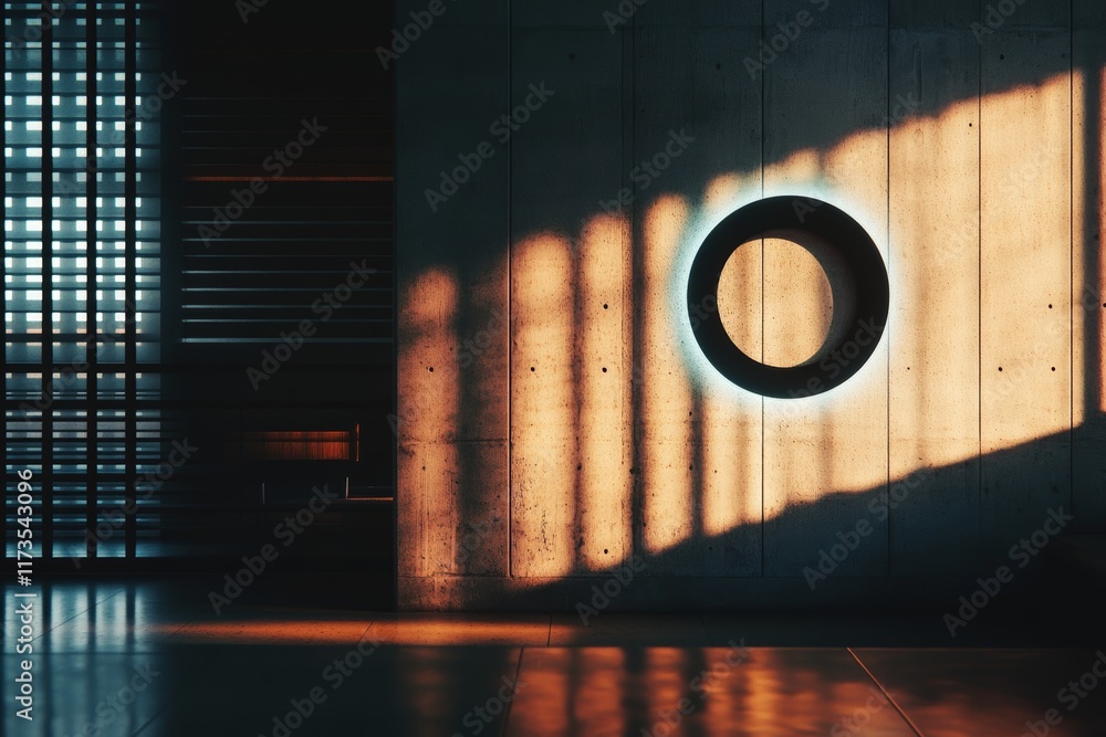 Poster a minimalist startup logo is projected onto a textured wall, complemented by unique lighting and sha