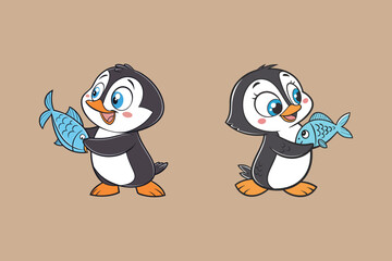Penguin holding a fish vector art