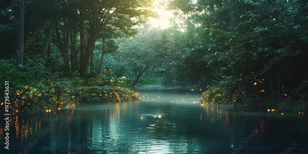 Aufkleber a serene forest stream illuminated by fireflies at dusk, creating a magical and tranquil atmosphere 