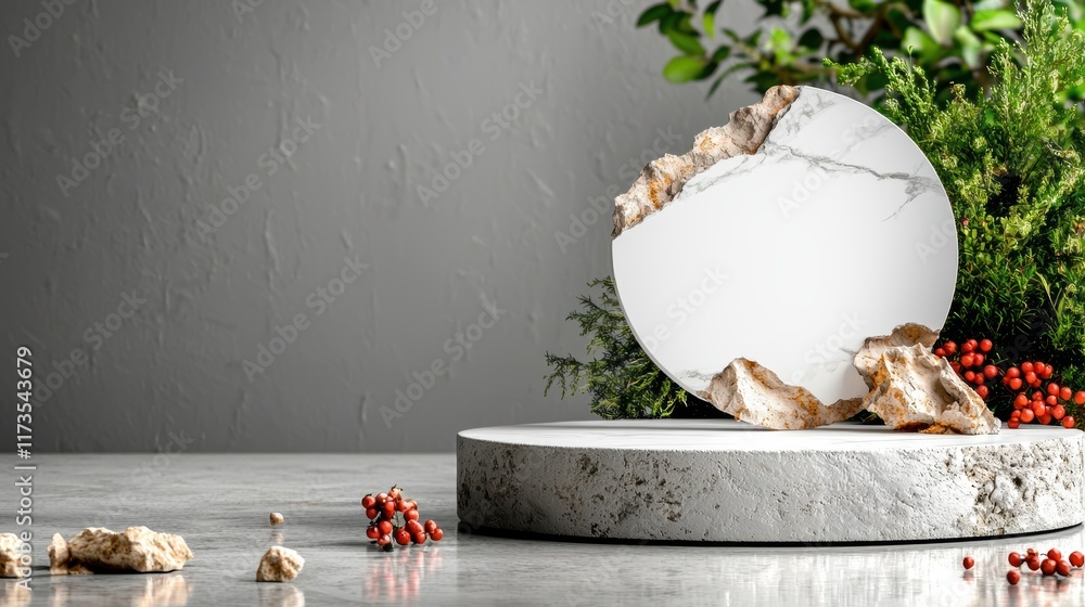 Poster a stylish display featuring a textured plate with natural elements and minimalistic decor on a stone