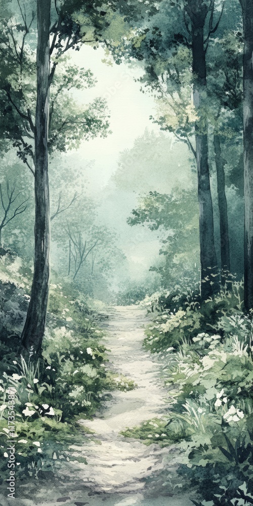 Poster a peaceful forest path with sunlight filtering through trees, surrounded by lush greenery, creating 