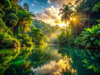 Obraz premium Serene Tropical Lake Sunset: Golden Sunlight Bathes Lush Forest Reflection