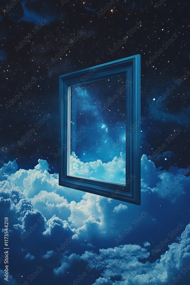 Poster this surreal image features a floating frame amidst a starry night sky and soft clouds, inviting vie