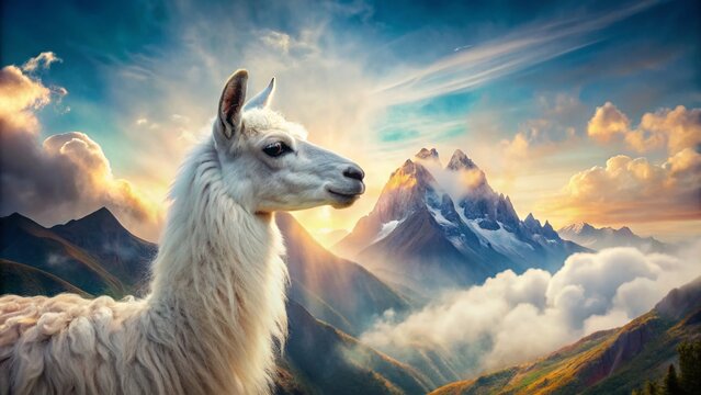 Serene White Llama Portrait: Double Exposure Nature Photography