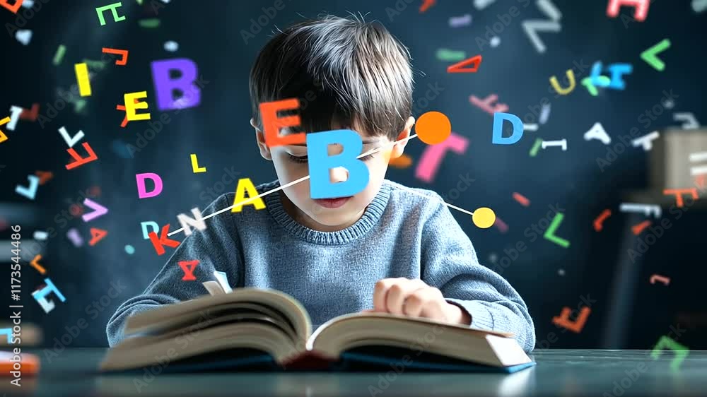Poster a child sitting at a desk, absorbed in a book, while colorful letters float and swirl around, symbol