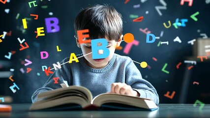 A child sitting at a desk, absorbed in a book, while colorful letters float and swirl around, symbolizing a journey of overcoming dyslexia with support and learning.