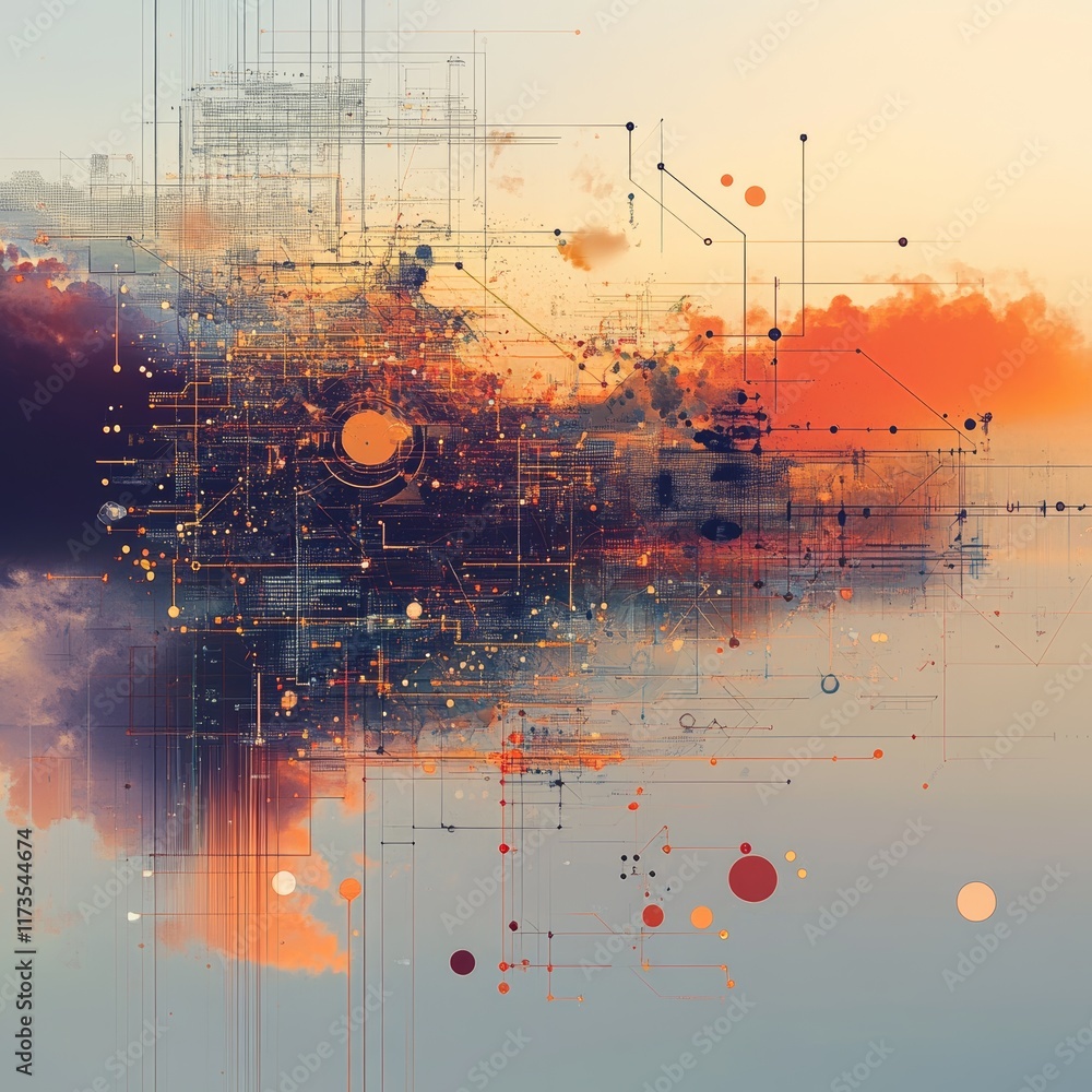 Poster surreal abstract graphic representing data connections in a dreamlike landscape of vivid colors and 