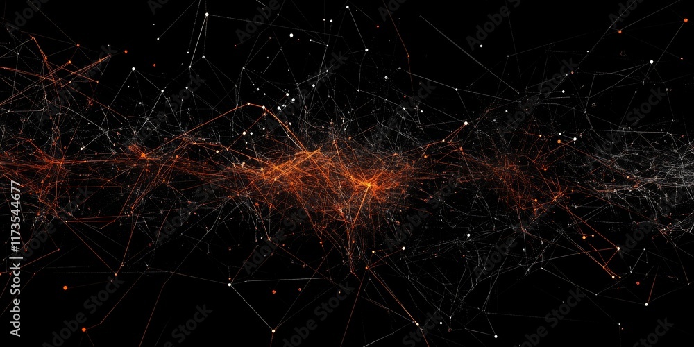 Poster explore an abstract representation of a data network with dynamic lines and glowing points, conveyin