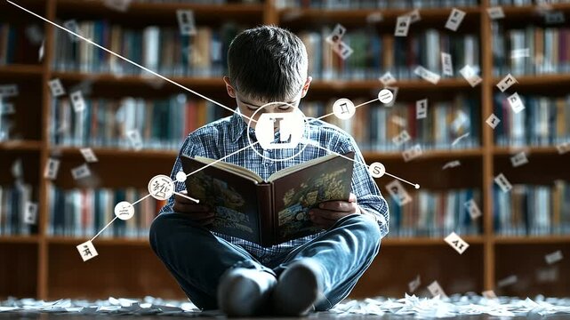 A serene library setting with a young boy reading a storybook as letters float gently in the air around him, highlighting the magic of literacy and growth despite challenges.