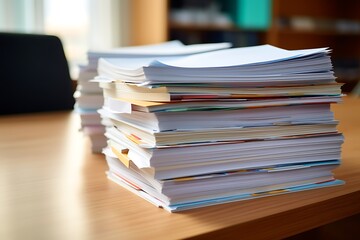 A stack of organized papers on a wooden table.