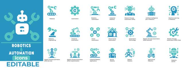 Robotics and Automation Vector Set  Editable icons for AI robots, automation tech, smart factories, and innovation

