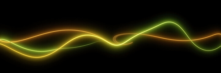 Abstract glowing yellow and green light waves on black background
