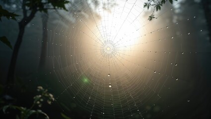 Delicate spider web glistens in morning light in a misty forest with droplets from dew