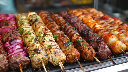 A mouthwatering selection of international barbecued kebabs
