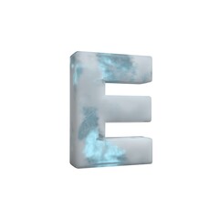 3D Render Frosty ice alphabet Letter E isolated on white background.