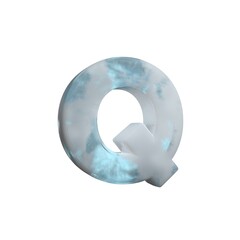 3D Render Frosty ice alphabet Letter Q isolated on white background.