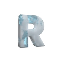 3D Render Frosty ice alphabet Letter R isolated on white background.