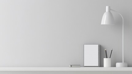 Minimalist white desk workspace with lamp, notepad, pencils.