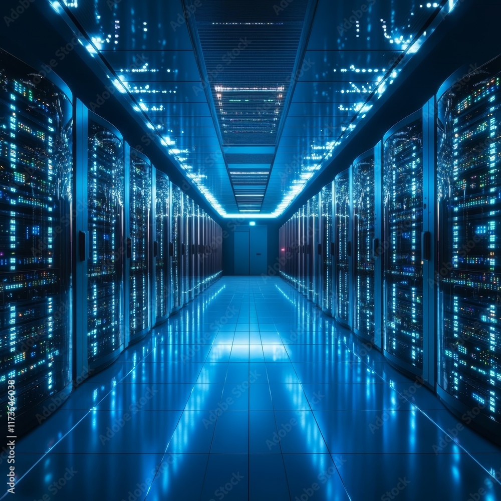 Poster futuristic data center with glowing servers and high-tech design for network management and big data