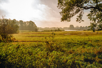Picturesque nature reserve on a morning in the autumn season. A narrow river meanders through the landscape. The sun is still low in the sky and it is partly cloudy.