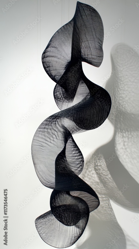 Poster a captivating abstract black mesh sculpture showcasing intricate curves and dynamic shadows against 