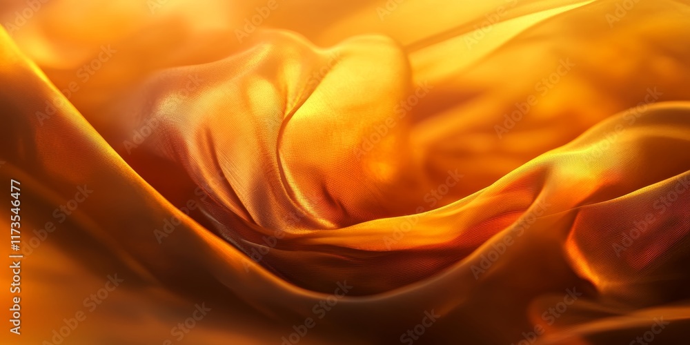 Poster close-up of golden silk fabric with flowing waves and folds, creating a luxurious and elegant textur