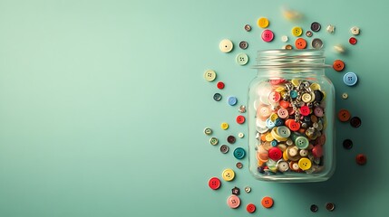 A plastic jar with tiny buttons and a charm on a muted green backdrop