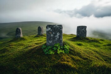 Naklejka premium Serene ancient stone monuments in misty green landscape with lush clover growth