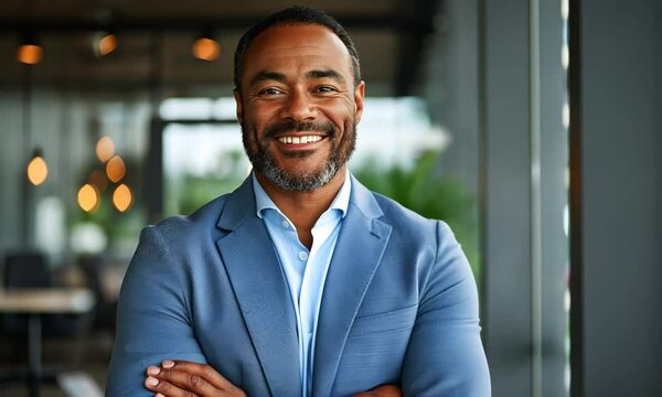 portrait of a smiling African-American businessman with arms crossed and confident expression, slow motion