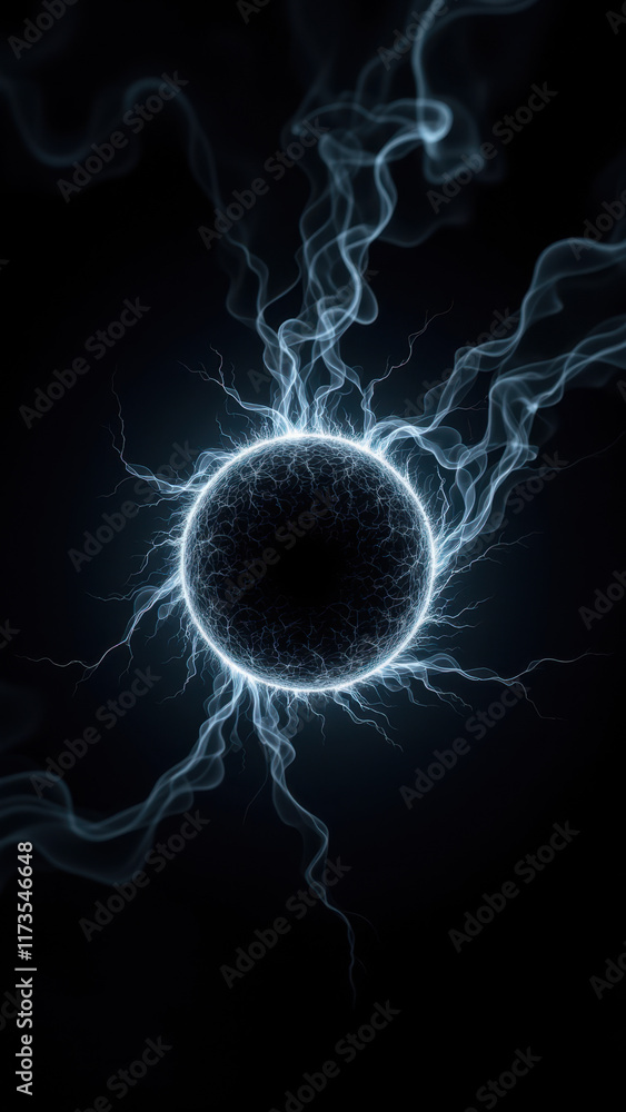 Poster an advanced ai model represented as a glowing sphere with crackling energy emanating from its center