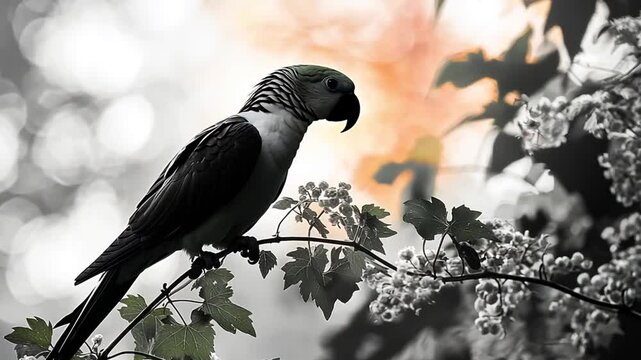 A parrot perched on a branch against a softly blurred background footage