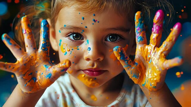 A little girl enthusiastically explores her creativity by painting. She laughs and smiles while getting colorful paint all over her hands and face, showcasing pure joy at home.