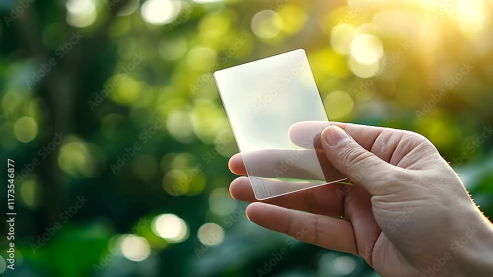 Poster a transparent card with smooth edges held vertically in a hand, glowing golden bokeh reflections enh