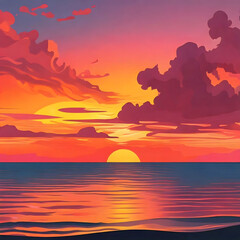 As the sunset over the horizon on a sunny Miami evening, the panoramic view with the vibrant colors of sunrise casts a warm glow over the sparkling water, creating a breathtaking scene illustration
