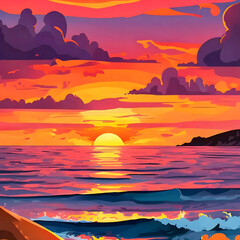 As sun rises over horizon on a sunny Miami morning, the panoramic view with the vibrant colors of sunrise casts a warm glow over the sparkling water, creating a breathtaking scene illustration