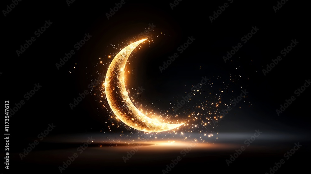 Poster glowing crescent moon with sparkling particles on dark background.