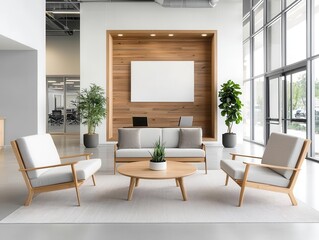 Urban chic bank lobby with light wood furnishings, metallic accents, and modern style, wooden furniture concept