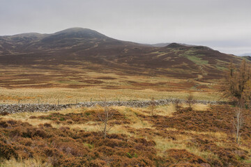 View from Walla Crag looking over to the paths up Bleaberry Fell in the low cloud, Lake District, UK