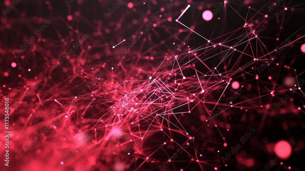 Poster abstract network data visualization with nodes and connections in vibrant red and black background