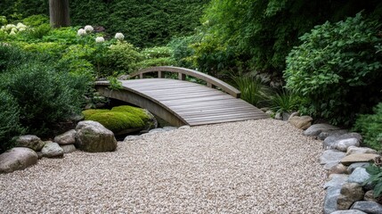 Fototapeta premium A tranquil Japanese zen garden features a small wooden bridge over a stone path, surrounded by meticulous greenery and harmony.