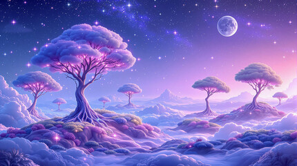 Surreal Abstract World with Trees and Cosmic Atmosphere