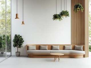 Contemporary bank lounge with curved wooden seating and artistic overhead lighting, wooden furniture concept