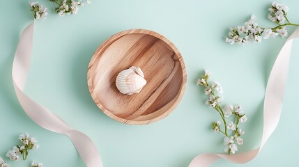 A wooden dish with a small shell and a ribbon surrounded by a mint green backdrop