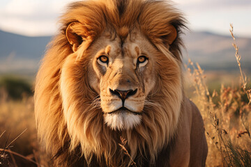 Portrait of a male Lion Majestically Posed on the Savanna with Golden Grass and a Serene Horizon